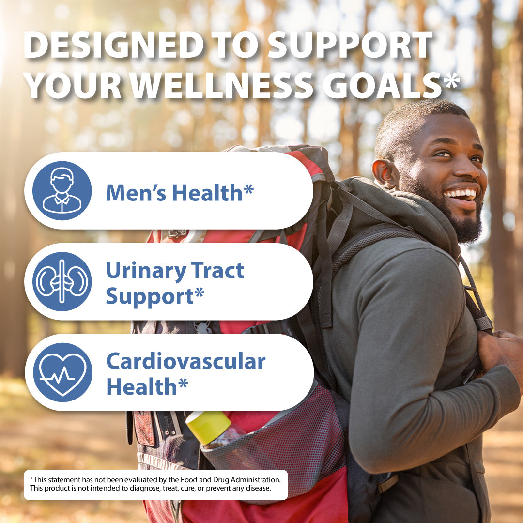 A smiling man wearing a large red and black hiking backpack stands in a forest, with large text overlays reading 'DESIGNED TO SUPPORT YOUR WELLNESS GOALS*' and three benefit callouts: 'Men's Health*', 'Urinary Tract Support*', and 'Cardiovascular Health*'.