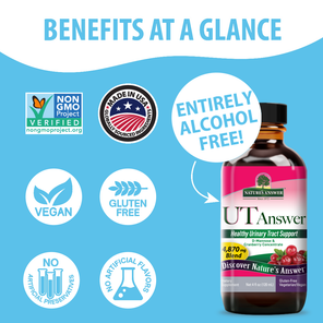 A promotional graphic for Nature's Answer UT Answer dietary supplement, featuring a bottle on the right and several benefit icons on the left against a light blue background. The text reads 'BENEFITS AT A GLANCE' and includes badges for Non GMO Project Verified, Made in USA, Vegan, Gluten Free, No Artificial Preservatives, and Entirely Alcohol Free.