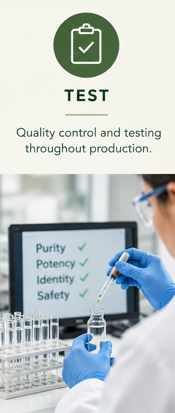 A promotional graphic for quality control and testing in production. The top section has an icon of a clipboard with a checkmark above the word TEST and the text 'Quality control and testing throughout production.