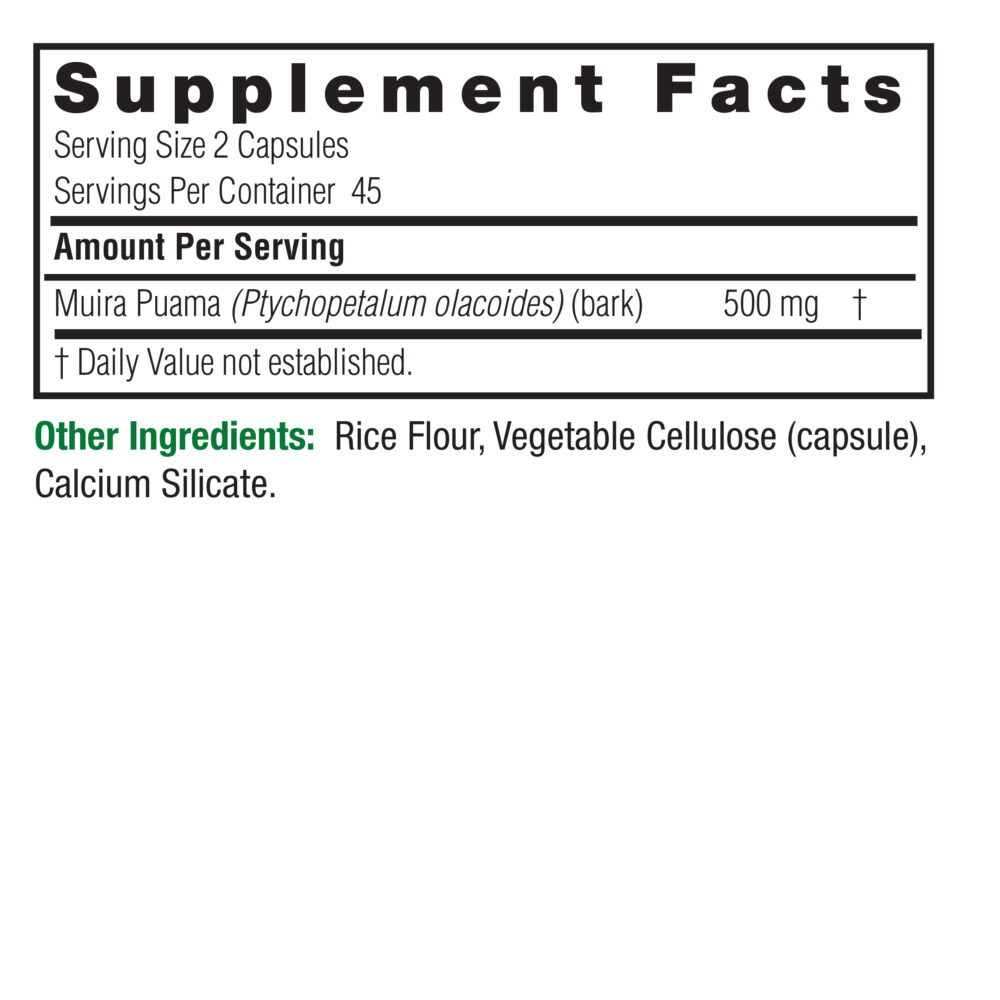 Muira Puama 90 v-caps Supplement Facts Box