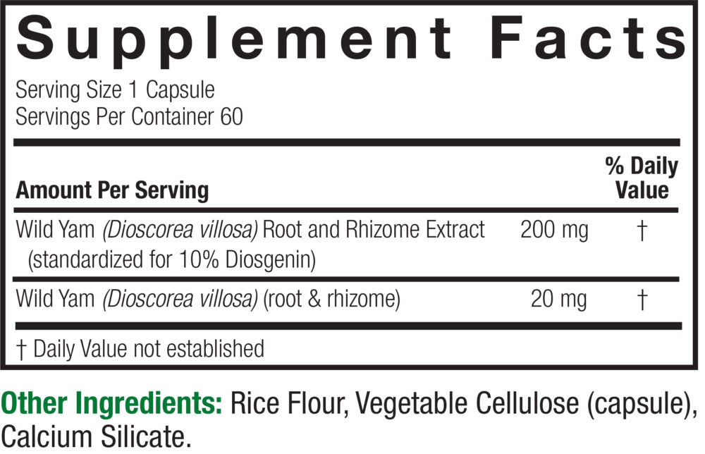 Wild Yam Standardized 60 v-caps Supplement Facts Box