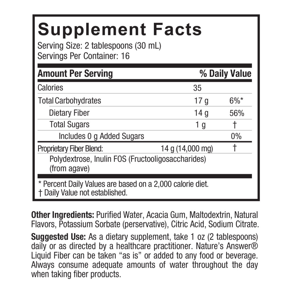 Fiber Liquid 16oz Supplement Facts Box