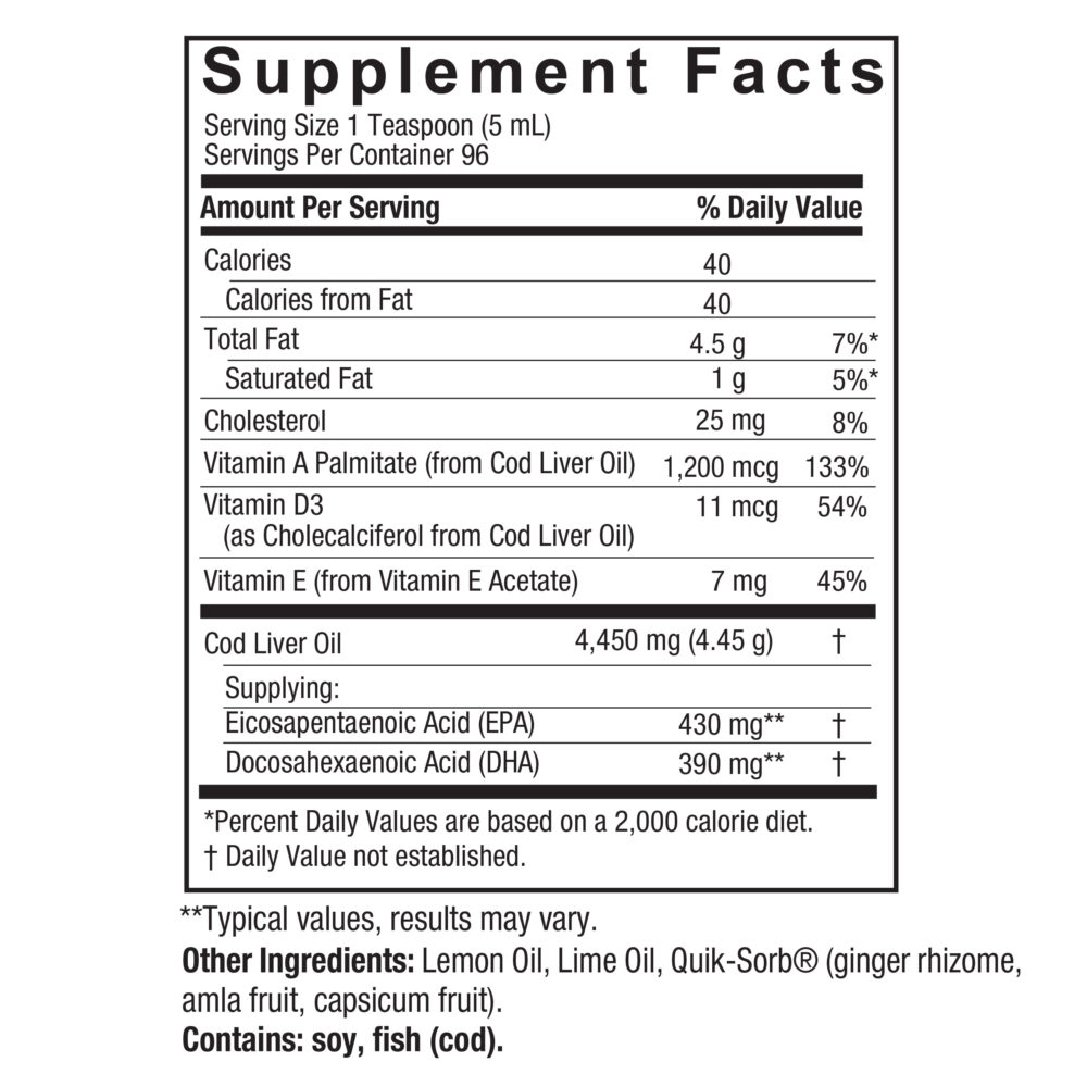 Cod Liver Oil Liquid 16oz. Supplement Facts Box