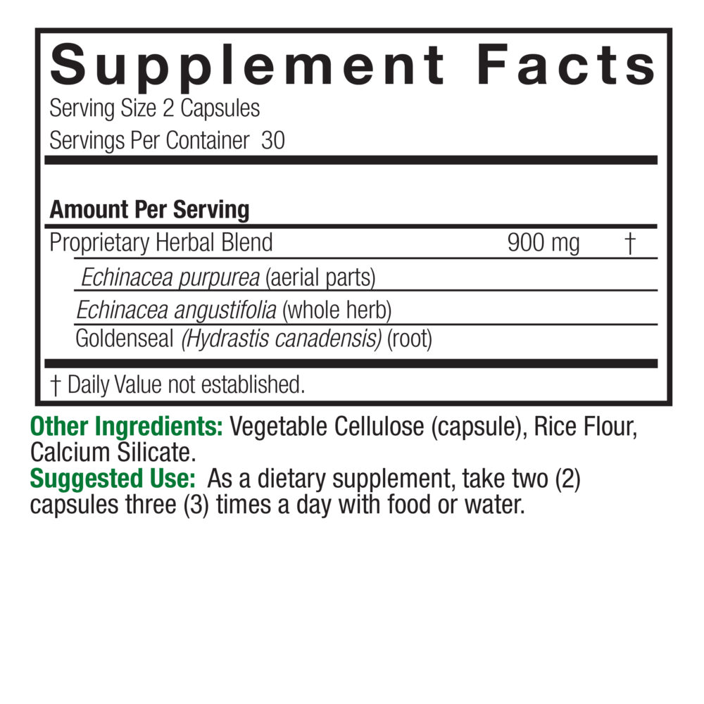 Echinacea and Goldenseal Root 90 v-caps Supplement Facts Box