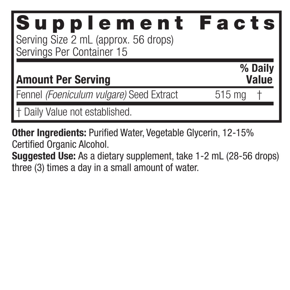 Fennel Seed 1oz Low Alcohol Supplement Facts Box