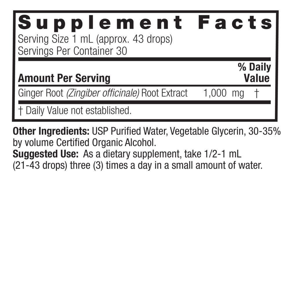 Ginger Root 1oz Low Alcohol Supplement Facts Box