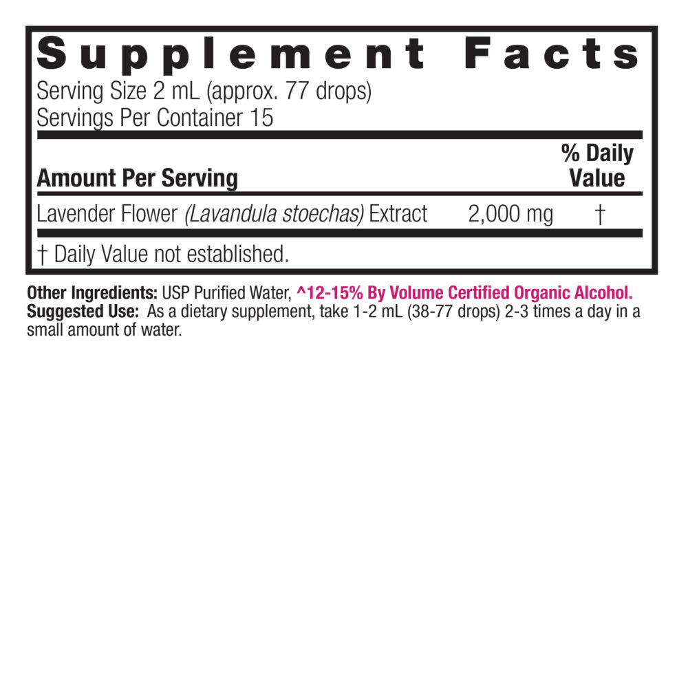 Lavender Flowers 1oz Low Alcohol Supplement Facts Box