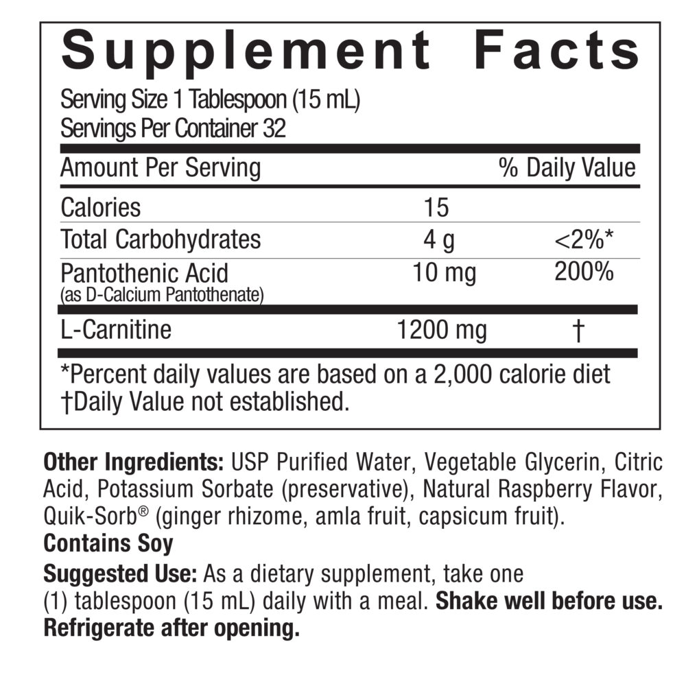 L-Carnitine 1200mg Liquid 16oz Supplement Facts Box