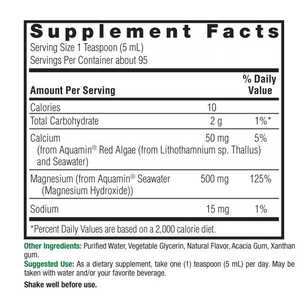 Marine Based Magnesium 500mg Liquid 16oz Supplement Facts Box