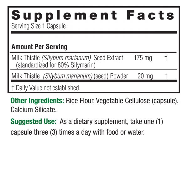 Milk Thistle Standardized 120 v-caps Supplement Facts Box