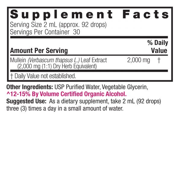 Mullein Leaf 2oz Low Alcohol Supplement Facts Box