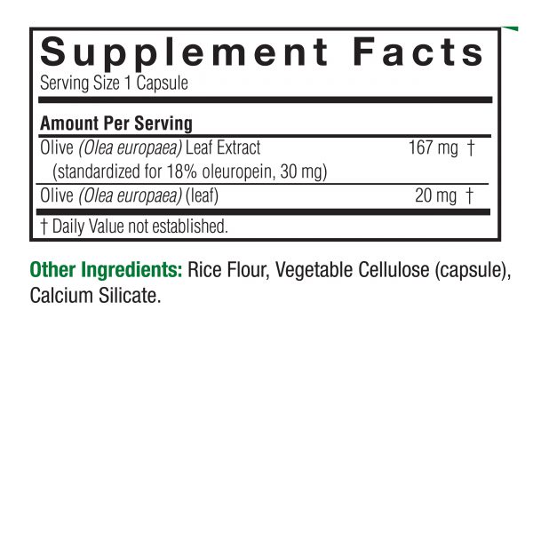 Olive Leaf Standardized 60 v-caps Supplement Facts Box