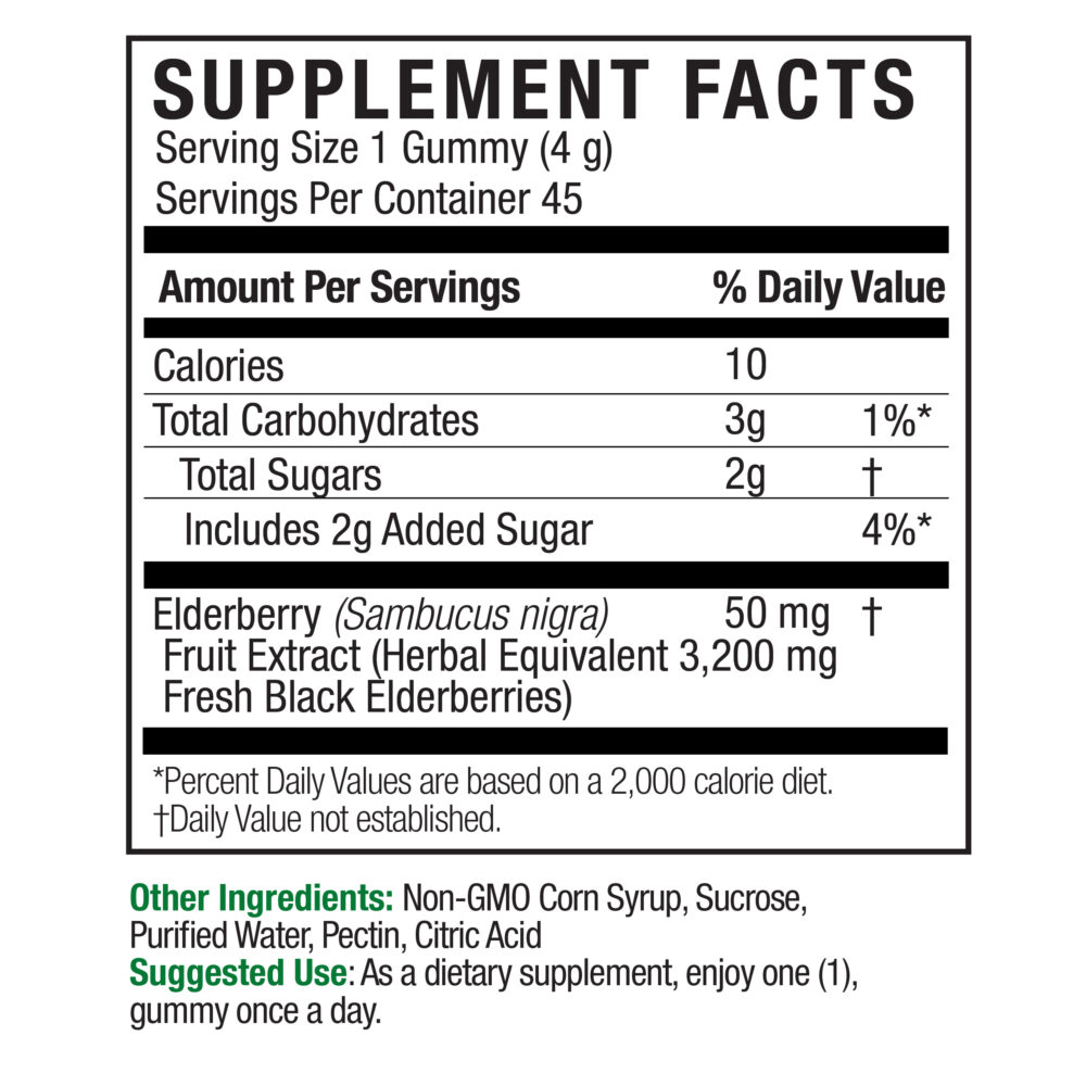 Sambucus Daily Gummies 45 Sambucus Gummies Supplement Facts Box