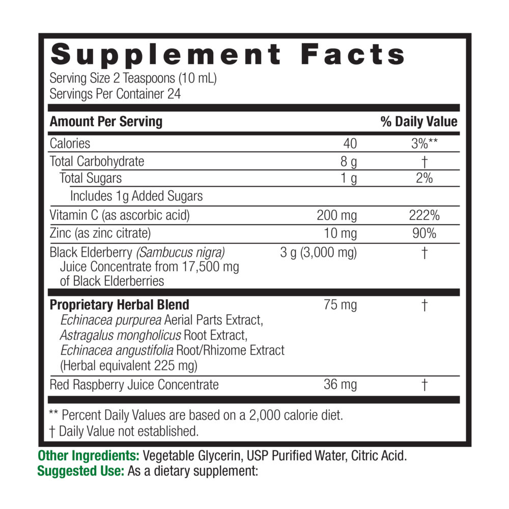 Sambucus Immune 8oz Supplement Facts Box