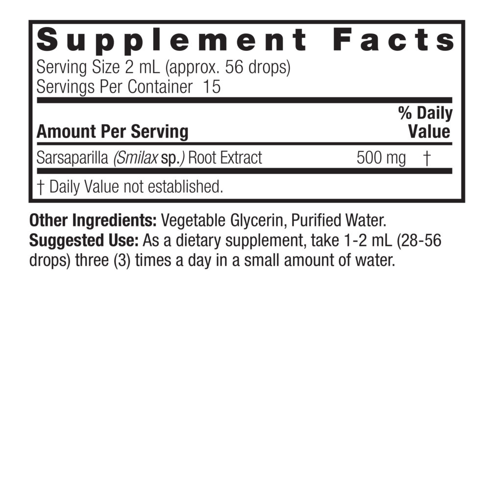 Sarsaparilla 1oz Alcohol Free Supplement Facts Box