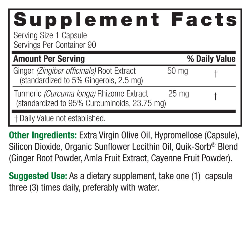 Turmeric and Ginger 90 v-caps (extractacaps) Supplement Facts Box