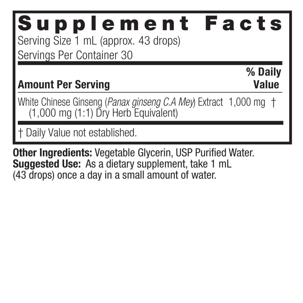 White Ginseng 1oz Alcohol Free Supplement Facts Box