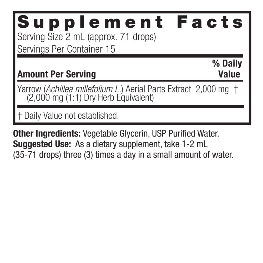 Yarrow Flowers 1oz Alcohol Free Supplement Facts Box