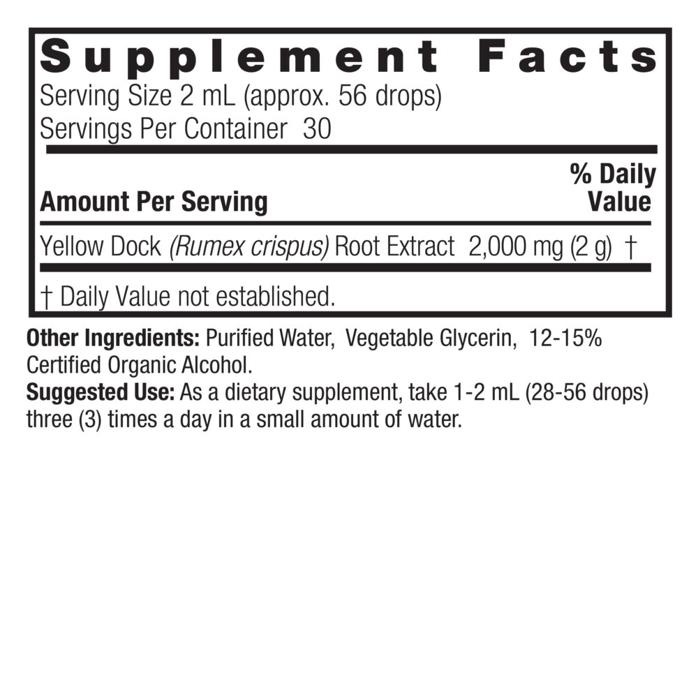 Yellow Dock Root 2oz Low Alcohol Supplement Facts Box