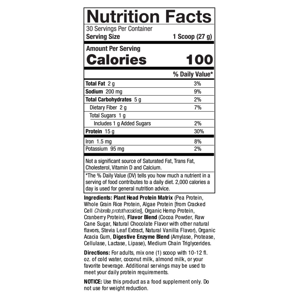 Plant Head Protein Chocolate 1.7 lbs (780g) Supplement Facts Box