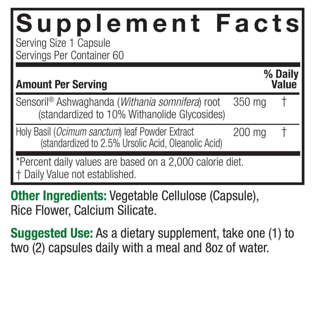 Ashwagandha Holy Basil Capsules 60 Count Supplement Facts Box